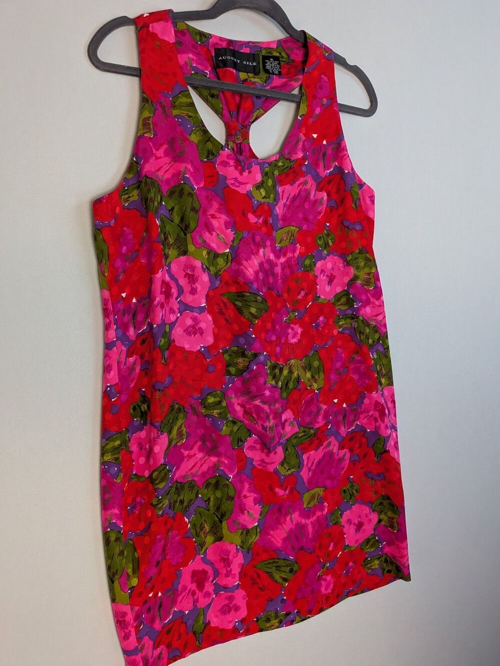August Silk Dress Pink Green Floral 100% Silk Scoop Neck Racer Back Tank Sz 10 - Picture 5 of 13